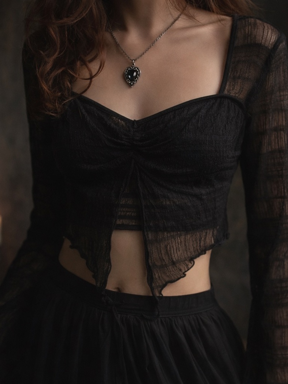 Y2K Sheer Black Mesh Crop Top Ruched Fairy Goth Whimsigoth Long Sleeve